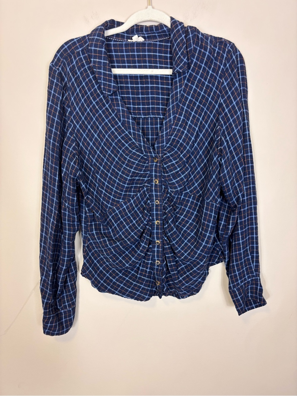 Anthropologie Pilcro Navy and Light Blue Plaid Button-Up Long Sleeve Top Large